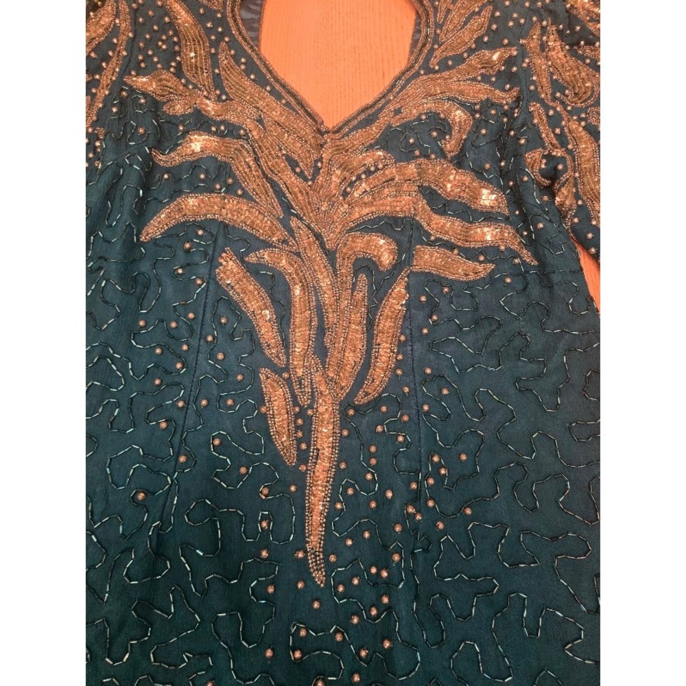 Vintage Silk Beaded Sequin Maxi Dress Teal Gold Keyhole Back Evening Gown Size L - Picture 2 of 13